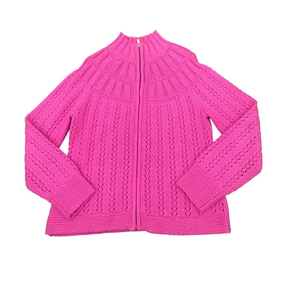 Talbots Hot Pink Zip Front‎ Cardigan Sweater Mock Neck Pointelle Knit Womens M